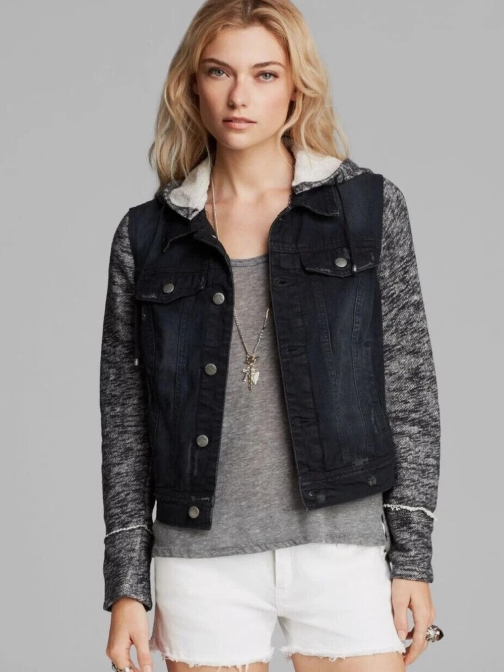 Free People Knit Hooded Denim Jacket